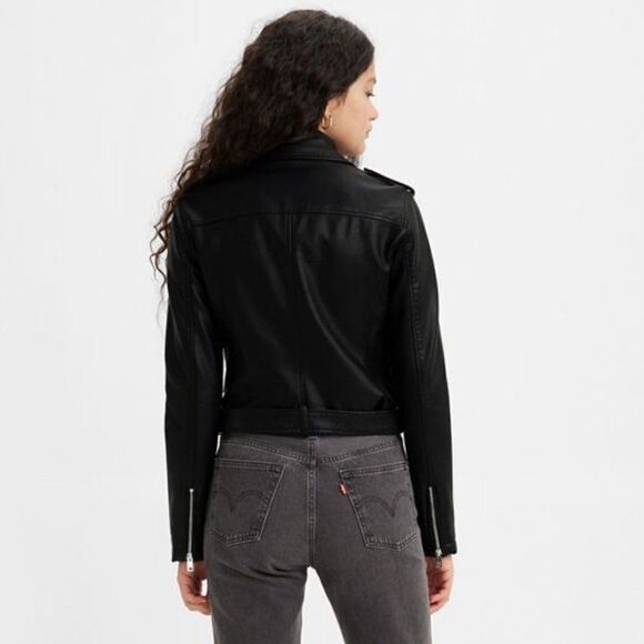 NWT Levi's Black Faux Vegan Leather Motto Silver Hardware Jacket Size XS - Picture 2 of 12
